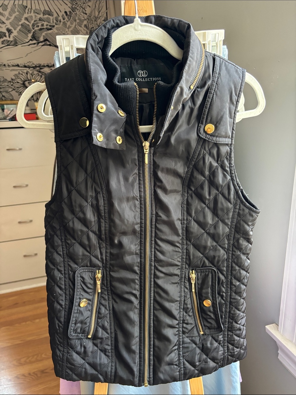 Tart Collections Black Quilted Puffer Vest with Gold Hardware